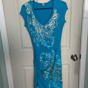 blue maxi dress with gold detail